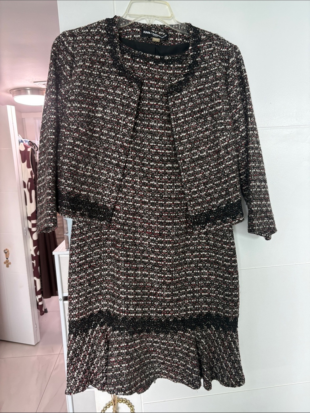 Karl Lagerfeld Black Tweed Midi Dress & Jacket Set with White and Red Accents